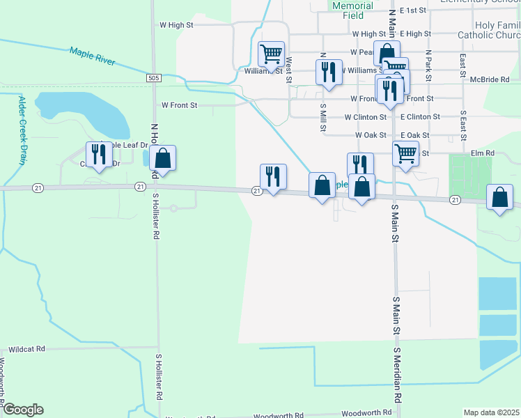 map of restaurants, bars, coffee shops, grocery stores, and more near 9430 Michigan 21 in Ovid