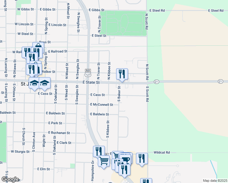 map of restaurants, bars, coffee shops, grocery stores, and more near 105 South Kibbee Street in Saint Johns
