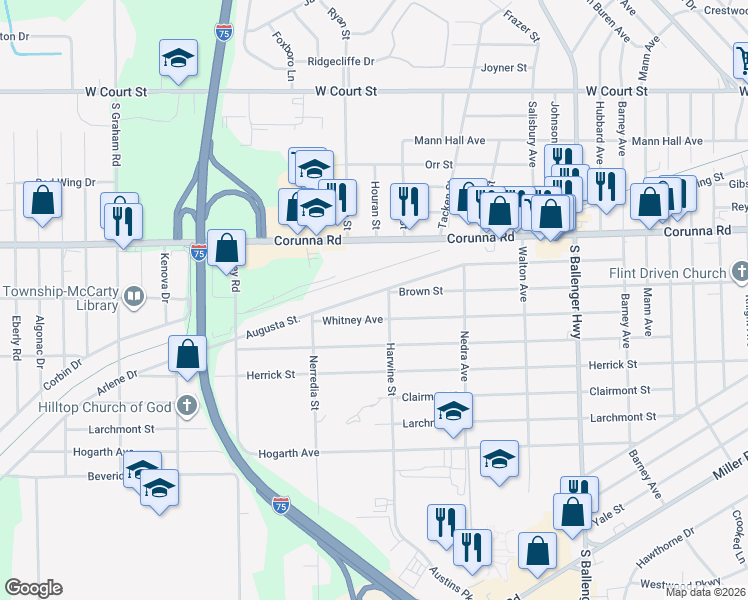 map of restaurants, bars, coffee shops, grocery stores, and more near 3239 Augusta Street in Flint