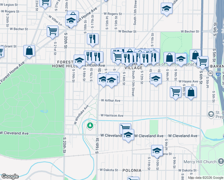 map of restaurants, bars, coffee shops, grocery stores, and more near 2433 South 15th Street in Milwaukee