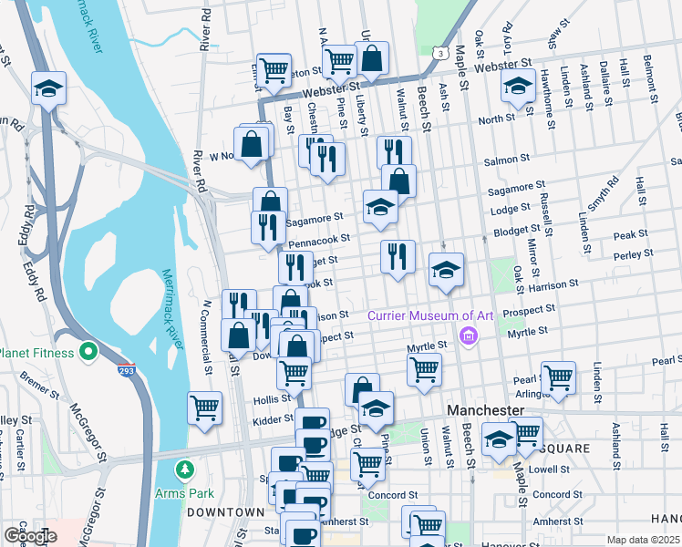 map of restaurants, bars, coffee shops, grocery stores, and more near 48 Brook Street in Manchester