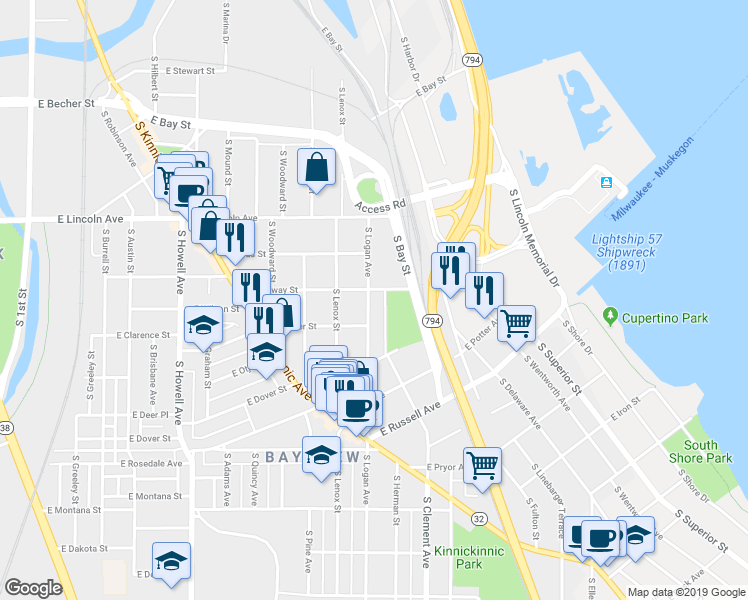 map of restaurants, bars, coffee shops, grocery stores, and more near 2412 South Logan Avenue in Milwaukee