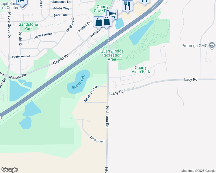 map of restaurants, bars, coffee shops, grocery stores, and more near Fitchrona Rd & Goose Lake Dr in Dane
