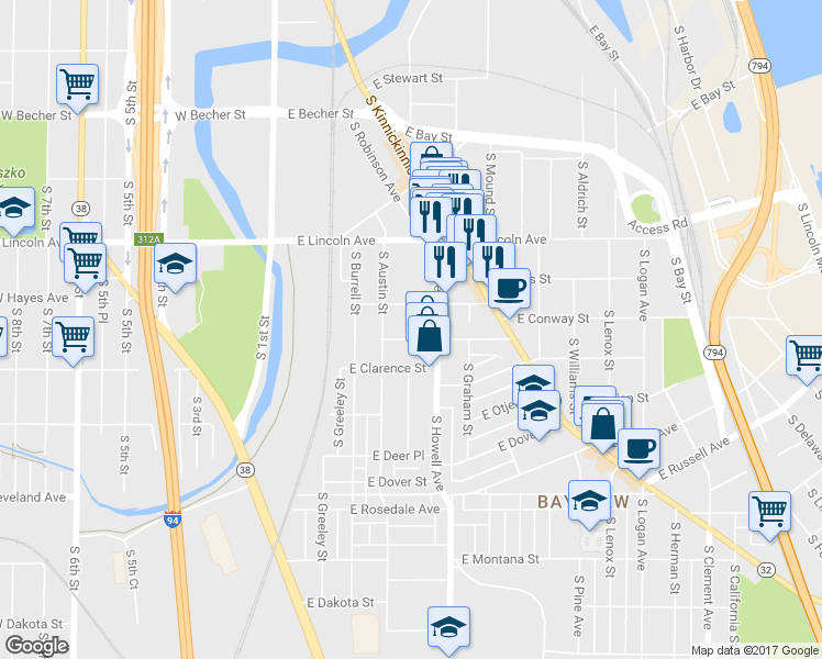map of restaurants, bars, coffee shops, grocery stores, and more near 330 East Wilson Street in Milwaukee