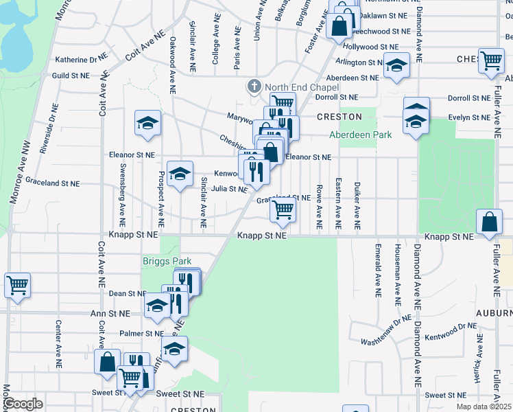 map of restaurants, bars, coffee shops, grocery stores, and more near 540 Graceland Street Northeast in Grand Rapids