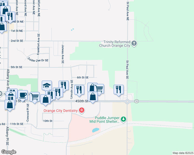map of restaurants, bars, coffee shops, grocery stores, and more near 1199 6th Street Southeast in Orange City