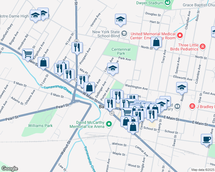 map of restaurants, bars, coffee shops, grocery stores, and more near 29 Porter Avenue in Batavia