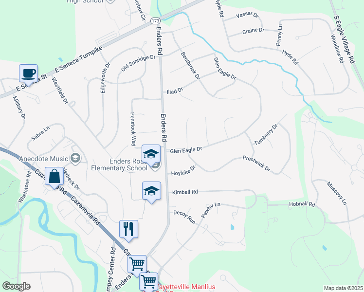 map of restaurants, bars, coffee shops, grocery stores, and more near 4731 Prestwick Drive in Manlius