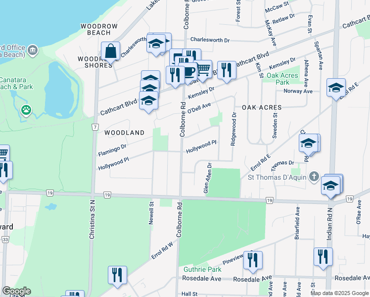 map of restaurants, bars, coffee shops, grocery stores, and more near 662 Hollywood Place in Sarnia