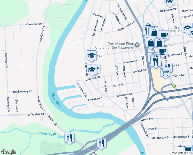 map of restaurants, bars, coffee shops, grocery stores, and more near 2602 Hancock Street in Port Huron