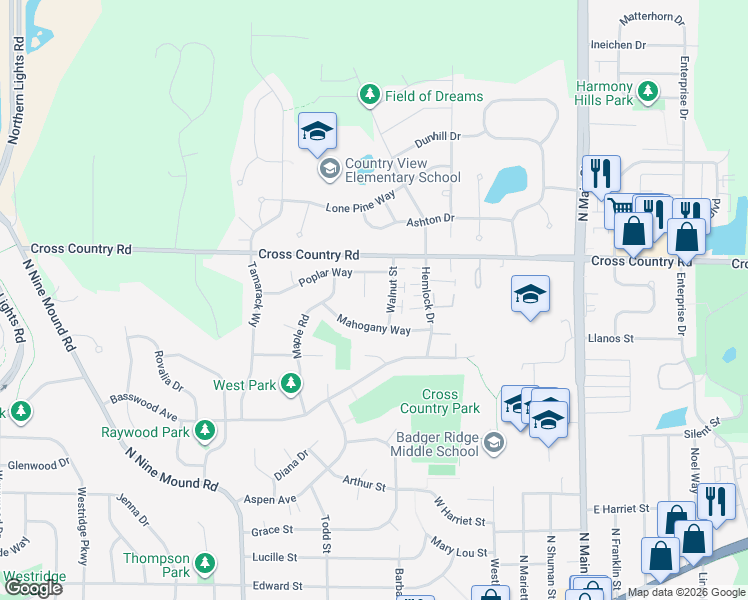 map of restaurants, bars, coffee shops, grocery stores, and more near 831 Cedar Court in Verona