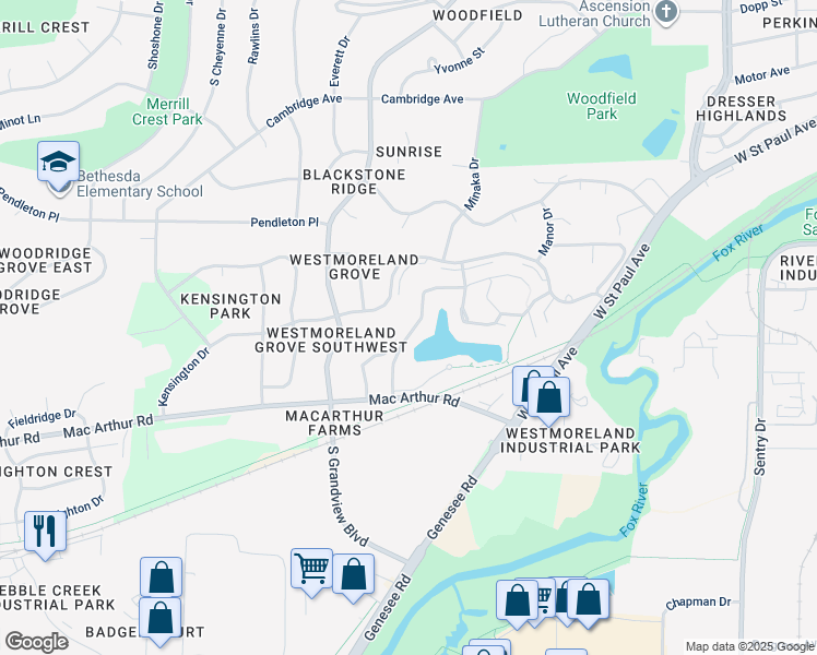 map of restaurants, bars, coffee shops, grocery stores, and more near 2114 Mac Arthur Road in Waukesha
