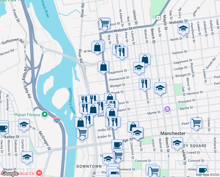 map of restaurants, bars, coffee shops, grocery stores, and more near 1602 Elm Street in Manchester