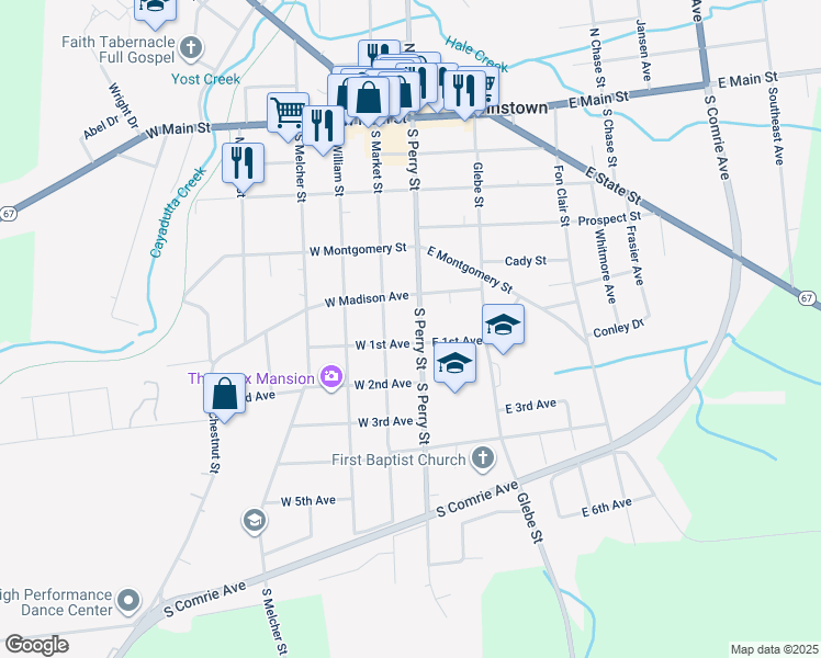 map of restaurants, bars, coffee shops, grocery stores, and more near 311 South Perry Street in Johnstown