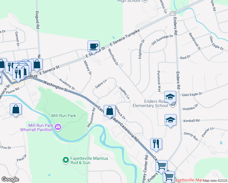 map of restaurants, bars, coffee shops, grocery stores, and more near 4719 Kehoe Lane in Manlius