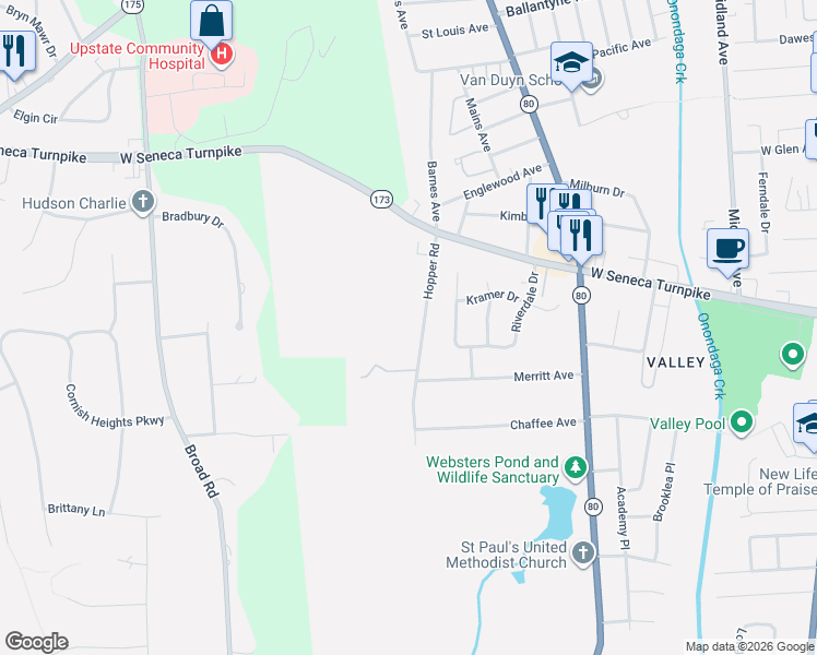 map of restaurants, bars, coffee shops, grocery stores, and more near 180 Hopper Road in Syracuse