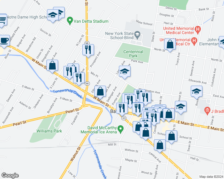 map of restaurants, bars, coffee shops, grocery stores, and more near 18 Thomas Avenue in Batavia