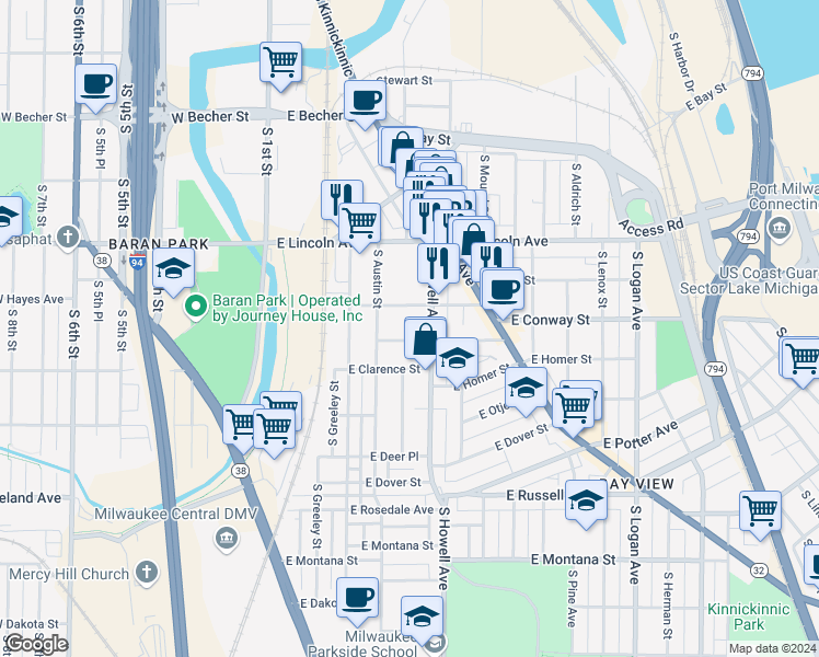 map of restaurants, bars, coffee shops, grocery stores, and more near 330 East Wilson Street in Milwaukee