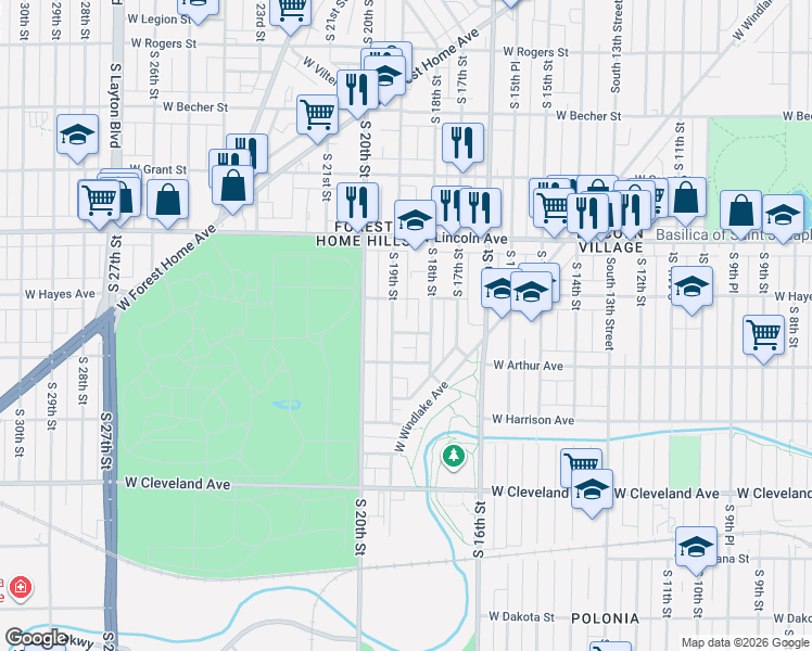 map of restaurants, bars, coffee shops, grocery stores, and more near 2433 South 18th Street in Milwaukee