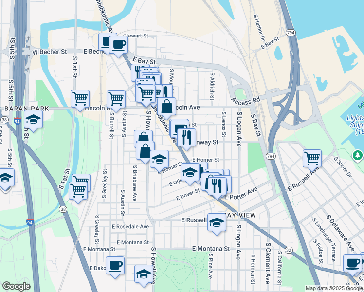 map of restaurants, bars, coffee shops, grocery stores, and more near 2440 South Kinnickinnic Avenue in Milwaukee