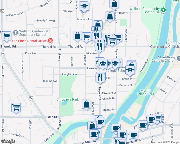 map of restaurants, bars, coffee shops, grocery stores, and more near in Welland