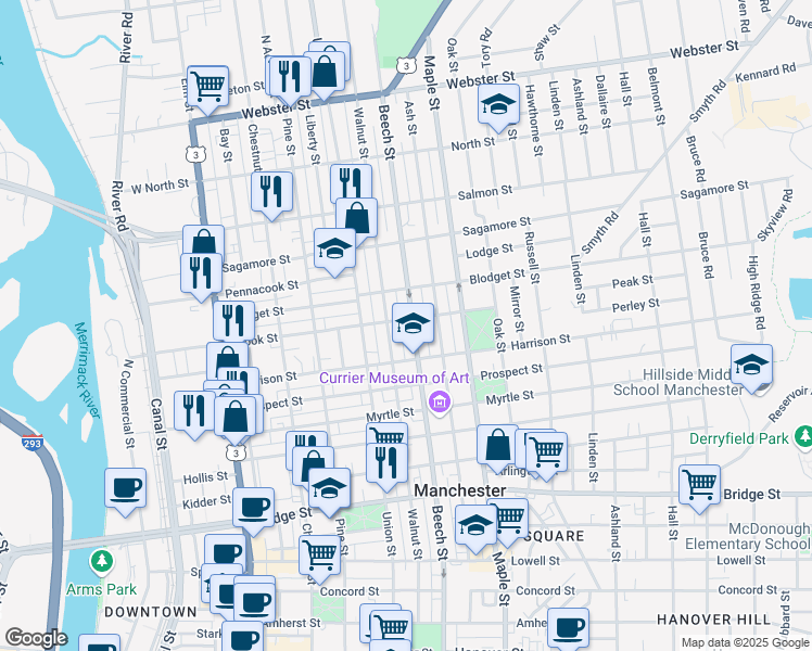 map of restaurants, bars, coffee shops, grocery stores, and more near 135 Brook Street in Manchester