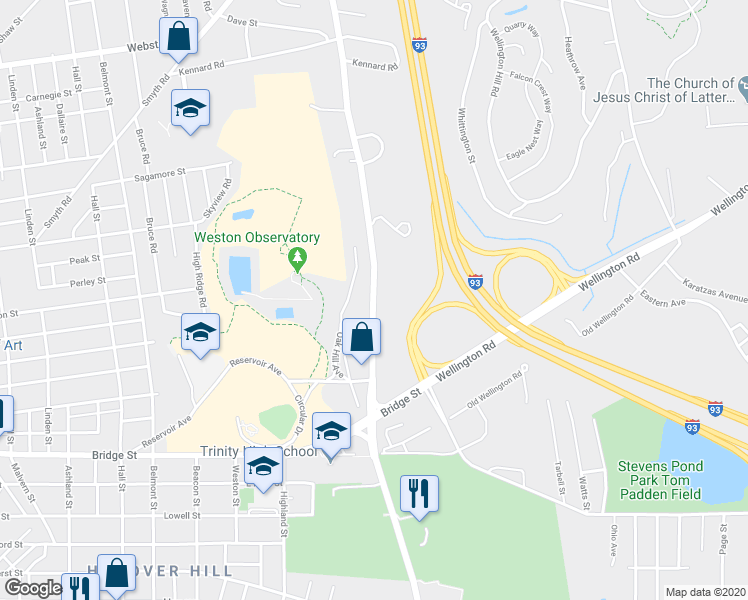 map of restaurants, bars, coffee shops, grocery stores, and more near 795 Mammoth Road in Manchester