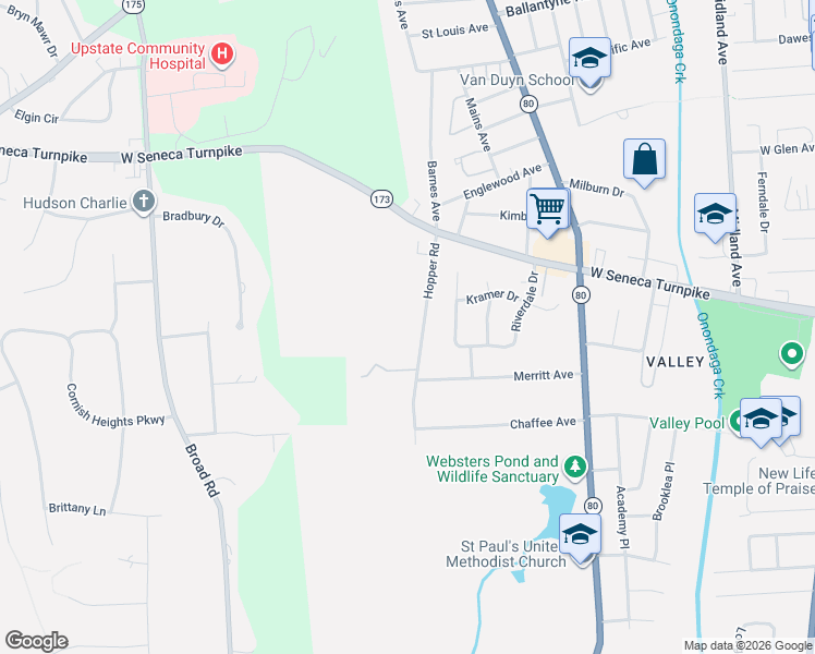map of restaurants, bars, coffee shops, grocery stores, and more near 180 Hopper Road in Syracuse