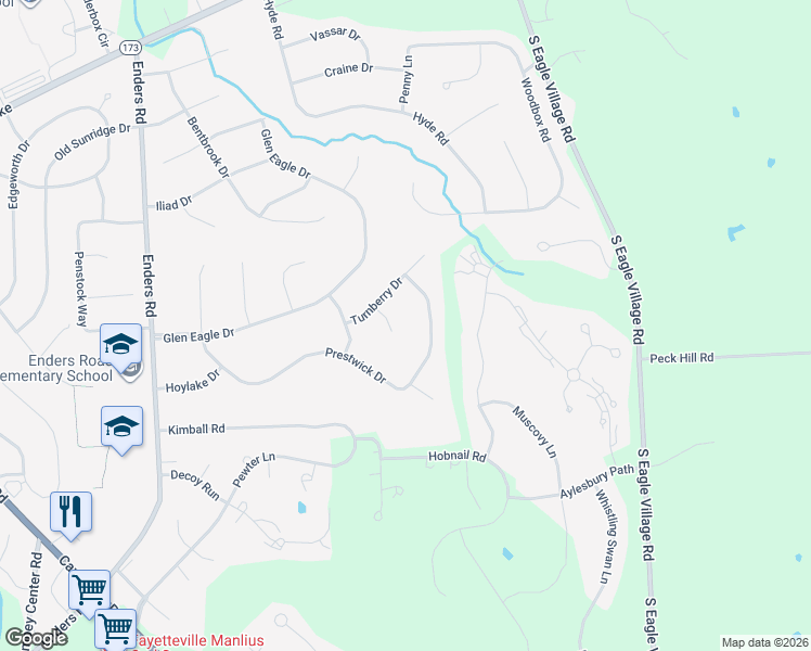 map of restaurants, bars, coffee shops, grocery stores, and more near 8435 Prestwick Drive in Manlius