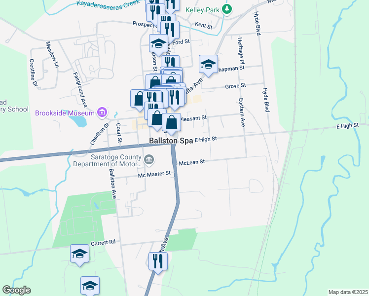 map of restaurants, bars, coffee shops, grocery stores, and more near 18 East High Street in Ballston Spa