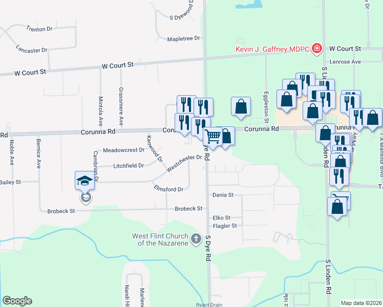 map of restaurants, bars, coffee shops, grocery stores, and more near 5298 Westchester Drive in Flint