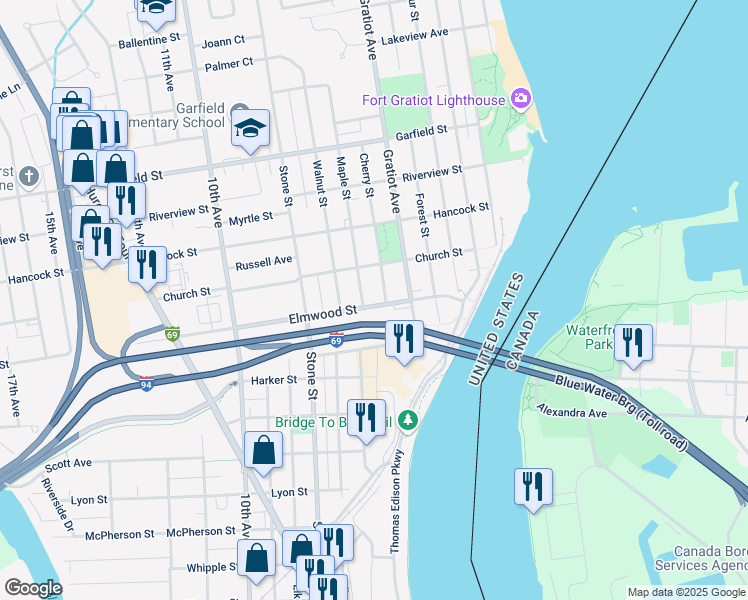 map of restaurants, bars, coffee shops, grocery stores, and more near 815 Elmwood Street in Port Huron