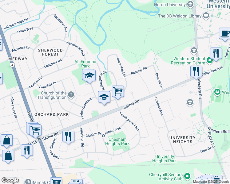 map of restaurants, bars, coffee shops, grocery stores, and more near 555 Sleightholme Avenue in London