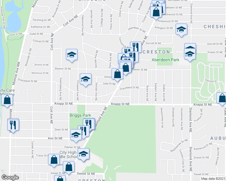 map of restaurants, bars, coffee shops, grocery stores, and more near 2047 Plainfield Avenue Northeast in Grand Rapids