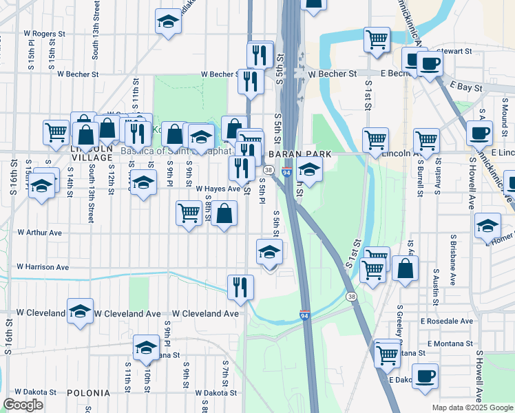 map of restaurants, bars, coffee shops, grocery stores, and more near 2451A South 5th Place in Milwaukee