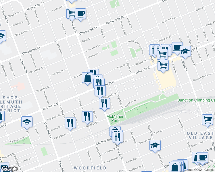 map of restaurants, bars, coffee shops, grocery stores, and more near 627 Oxford Street East in London