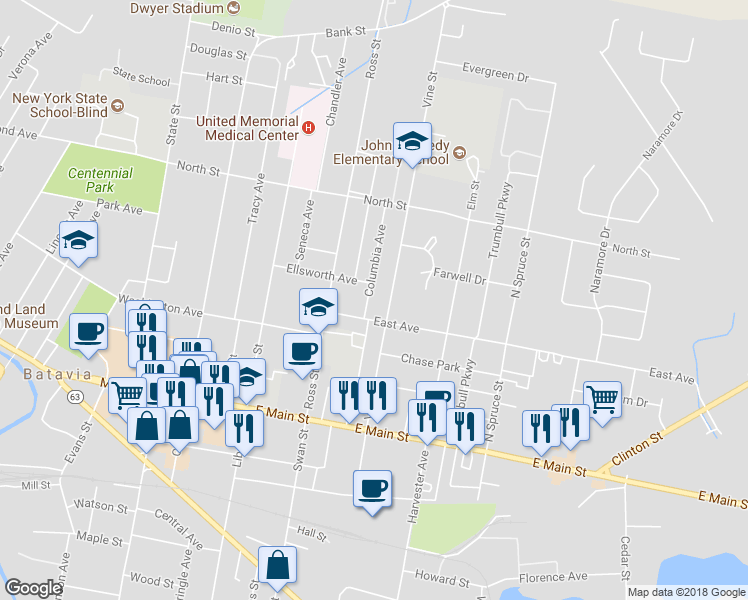 map of restaurants, bars, coffee shops, grocery stores, and more near 10 Columbia Ave in Batavia