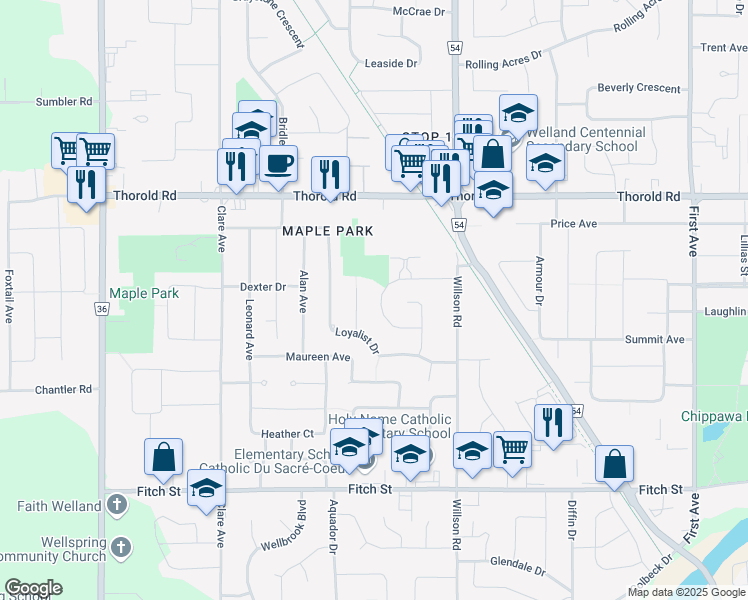 map of restaurants, bars, coffee shops, grocery stores, and more near 76 Glen Park Drive in Welland