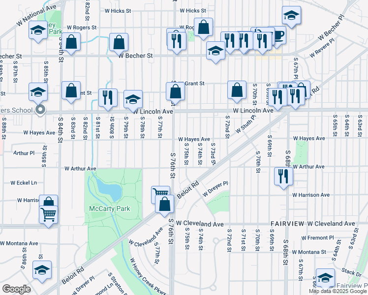 map of restaurants, bars, coffee shops, grocery stores, and more near 2421 South 75th Street in West Allis