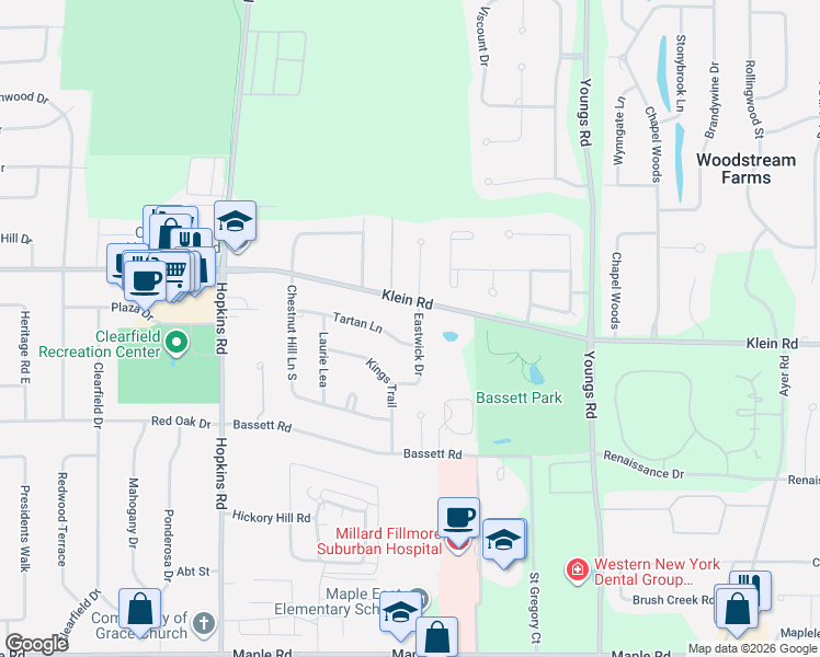 map of restaurants, bars, coffee shops, grocery stores, and more near 23 Eastwick Drive in Buffalo