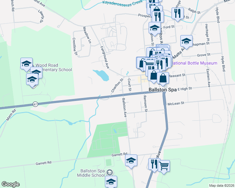 map of restaurants, bars, coffee shops, grocery stores, and more near 118 West High Street in Ballston Spa
