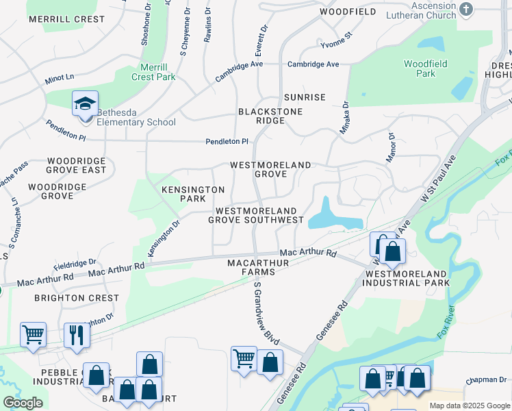 map of restaurants, bars, coffee shops, grocery stores, and more near 2301 Kensington Drive in Waukesha