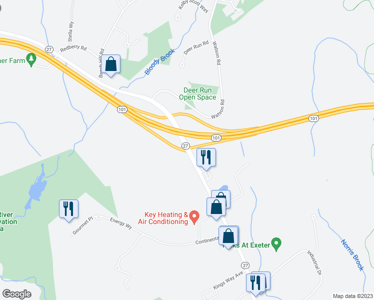 map of restaurants, bars, coffee shops, grocery stores, and more near Epping Road in Exeter