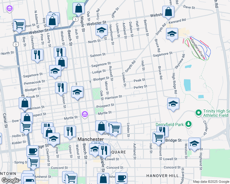 map of restaurants, bars, coffee shops, grocery stores, and more near 121 Russell Street in Manchester