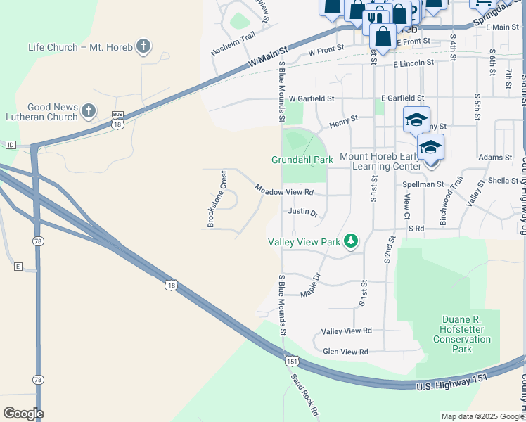map of restaurants, bars, coffee shops, grocery stores, and more near 713 Brookview Trail in Mount Horeb