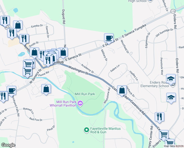 map of restaurants, bars, coffee shops, grocery stores, and more near 134 Academy Street in Manlius