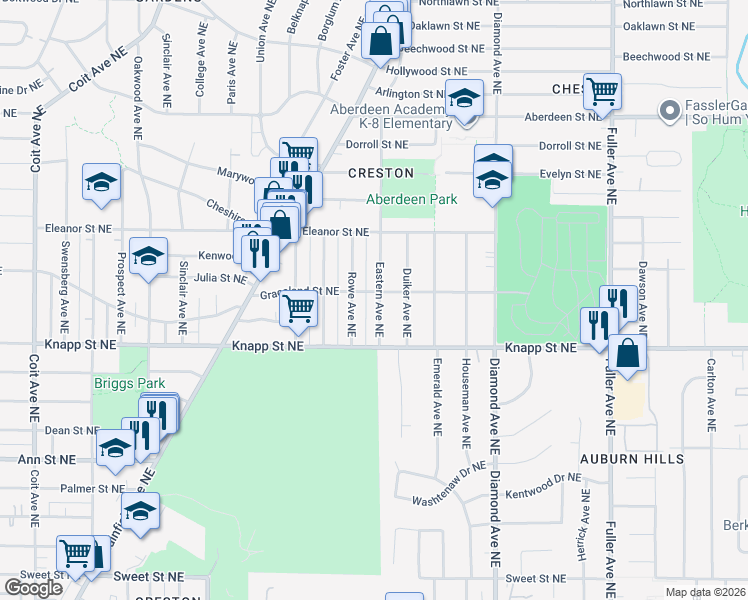 map of restaurants, bars, coffee shops, grocery stores, and more near 2051 Eastern Avenue Northeast in Grand Rapids
