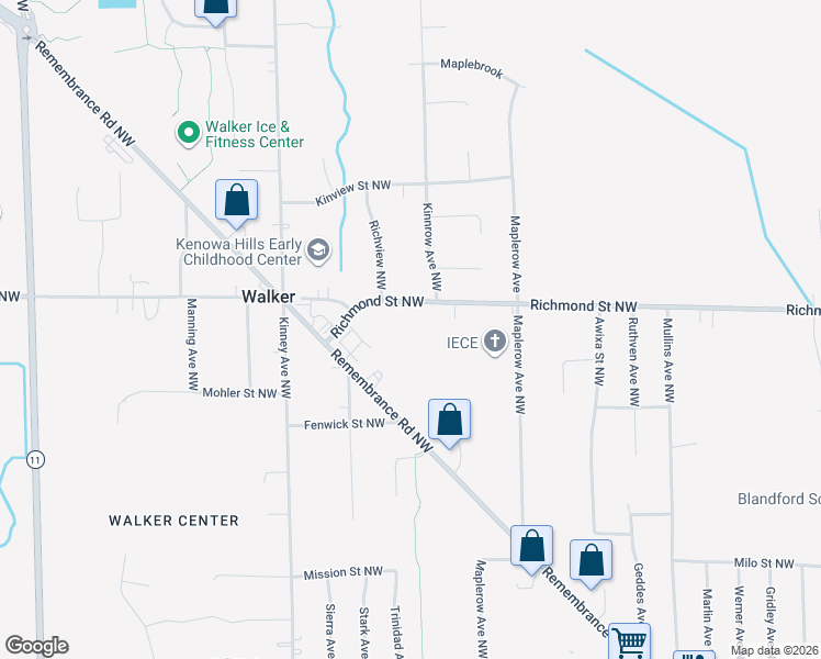 map of restaurants, bars, coffee shops, grocery stores, and more near 3811 Remembrance Road Northwest in Grand Rapids