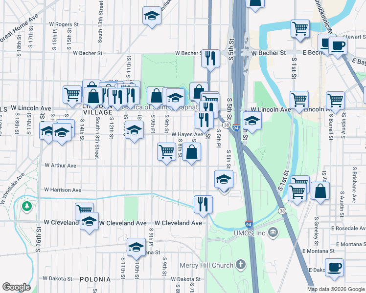 map of restaurants, bars, coffee shops, grocery stores, and more near 2434 South 8th Street in Milwaukee