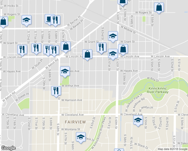 map of restaurants, bars, coffee shops, grocery stores, and more near 2425 South 63rd Street in West Allis
